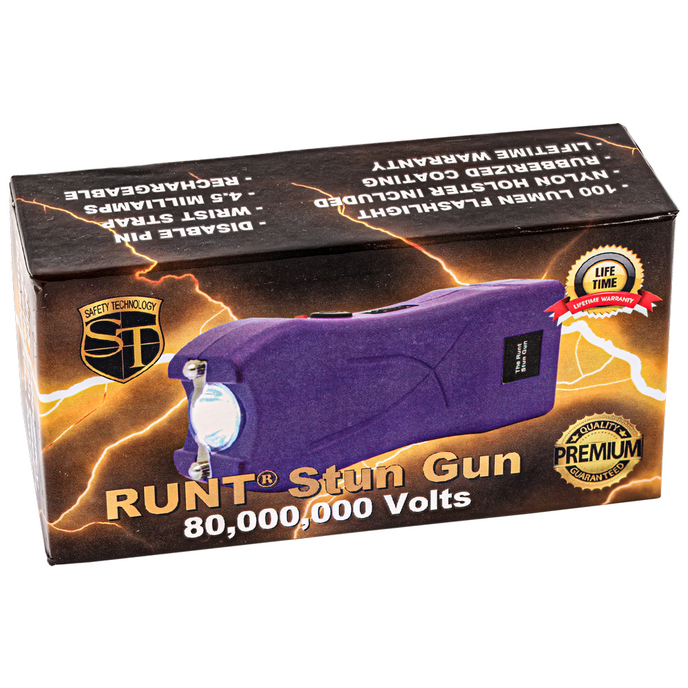 Rechargeable Runt 80,000,000 volt stun gun with flashlight and wrist strap disable pin Purple view 8